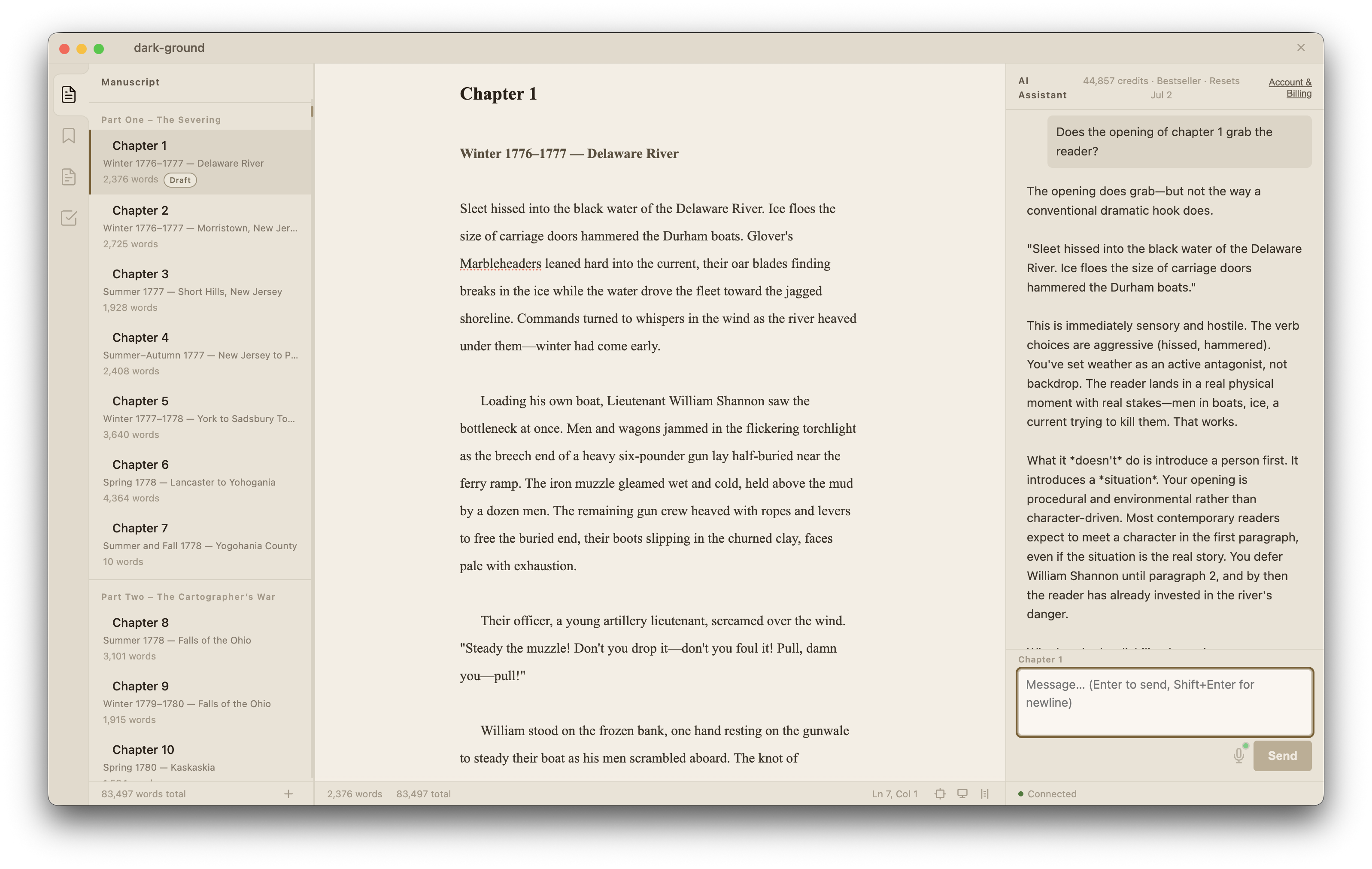 Copperas editor showing the Dark Ground manuscript with chapter navigator, prose editor, and AI editorial chat panel